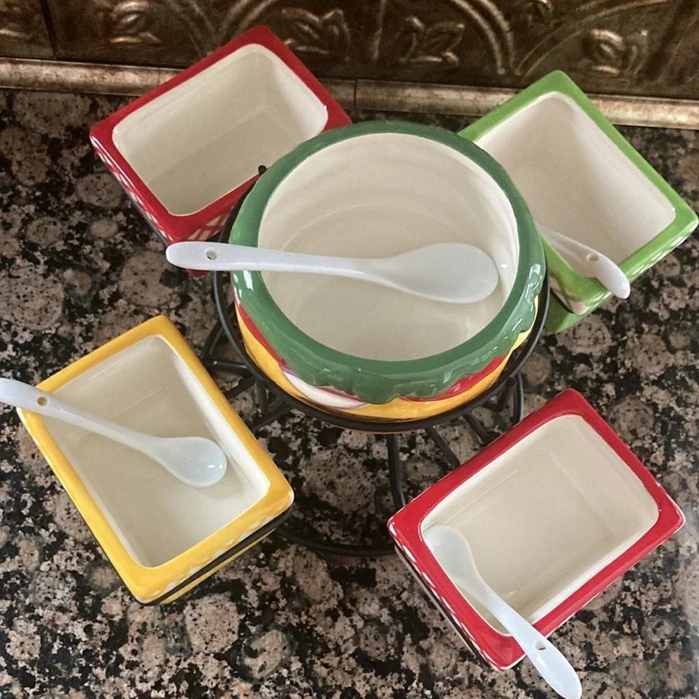 Pier 1 Multicolor Burger Condiment Spinner Set!!